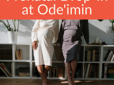 Photo of two pregnant women standing side by side in front of a bookshelf. Text reads Prenatal Drop-In at Ode'imin