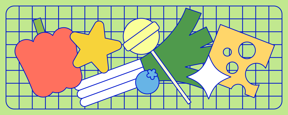 Illustration of red pepper, star, candy, leek, and cheese