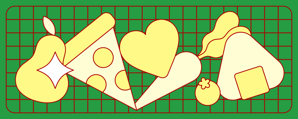 Illustration of pear, pizza, carrots, and sushi