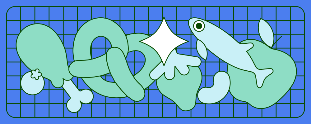 Illustration of chicken, pretzel, strawberry, fish, apple