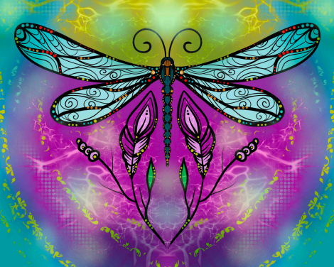 a dragonfly painted by artist Jackie Traverse, an Ojibway artist.