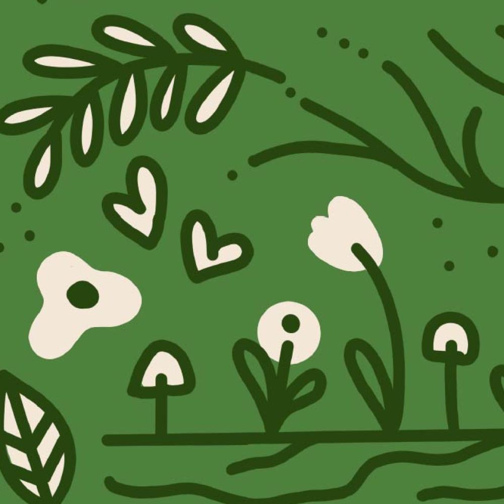 hey cuzzin green banner with tree illustration